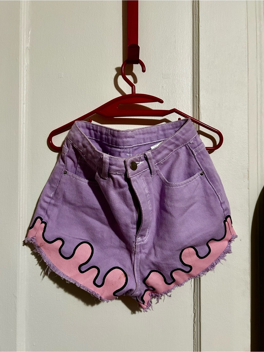 Lavender & Pink Wavy Hem Women's Denim Shorts